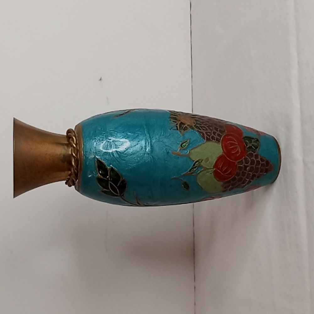 MCM Vintage Hand Painted Floral And Fruit Brass Vase